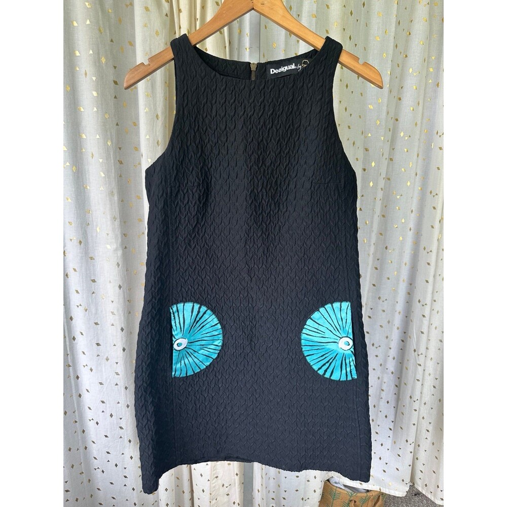 Desigual Women's Art Deco Artsy Floral Solid Textured Dress Front Open Pockets M - Picture 2 of 7